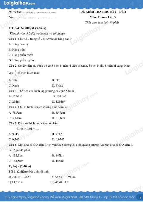 Đề số 2 - Đề kiểm tra học kì 2 - Toán lớp 5